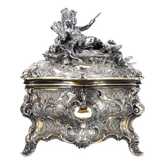 Gilded Age European Silver Rococo Jewelry Casket Topped With Angel Admiring Herself For Sale
