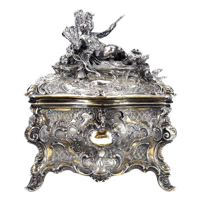Gilded Age European Silver Rococo Jewelry Casket Topped With Angel Admiring Herself For Sale
