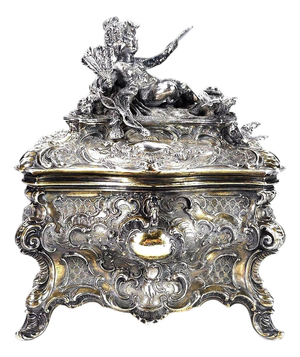 Gilded Age European Silver Rococo Jewelry Casket Topped With Angel Admiring Herself