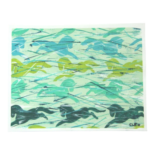 Horses Pattern Minimalism Folk Art Pop Art Abstract Green Original Painting by Cleo Plowden For Sale