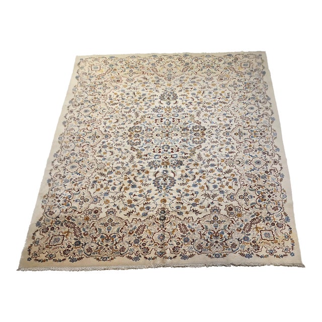Vintage Persian Kashan Ivory Floral Wool Area Rug – Circa 1970s – 10’6” X 13’9” For Sale
