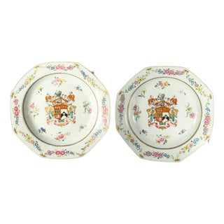 C. 1765 China Pair Armorial Octagonal Plates, Arms of Wyatt Impaling Fowle For Sale