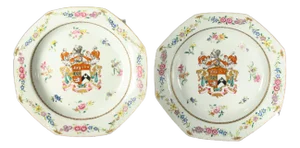 C. 1765 China Pair Armorial Octagonal Plates, Arms of Wyatt Impaling Fowle