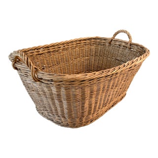 1960s French Wicker Market Basket Oval W/ Handles For Sale