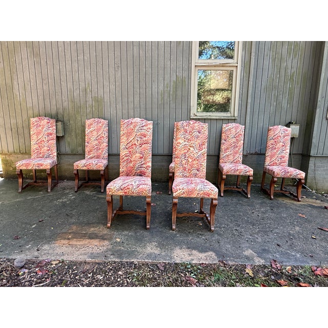 Set of 8 French Louis Xiv Style Carved Oak Upholstered Dining Chairs Solid wood frame with upholstered seat and back,...