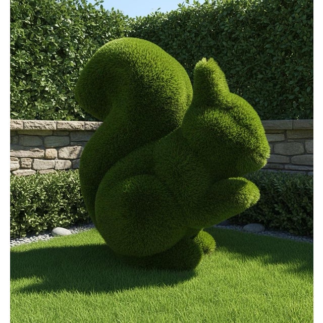 Wood Whimsical Oversized Faux-Boxwood Squirrel Garden Sculpture For Sale - Image 7 of 11