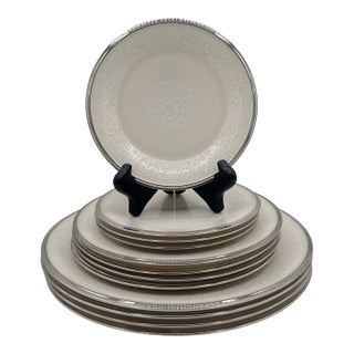 Vintage Lenox Moonspun Ivory & Platinum Dinnerware, Service for 4, Set of 12 For Sale