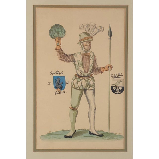 An 18th-century hand-colored engraving of a Renaissance soldier, probably German.