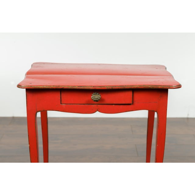 Red French 1820s Restauration Period Red Side Table with Serpentine Top and Drawer For Sale - Image 8 of 12