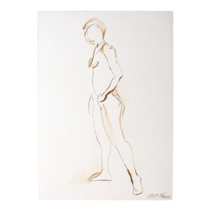 Original Nude Standing Female Figure Drawing Mounted on Wood