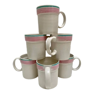 Vintage Pastel Striped Stoneware Mugs Cups, Set of Six