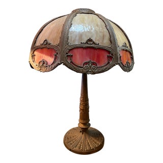 Antique Bent Caramel, Red /Orange Slag Glass Table Lamp For Sale