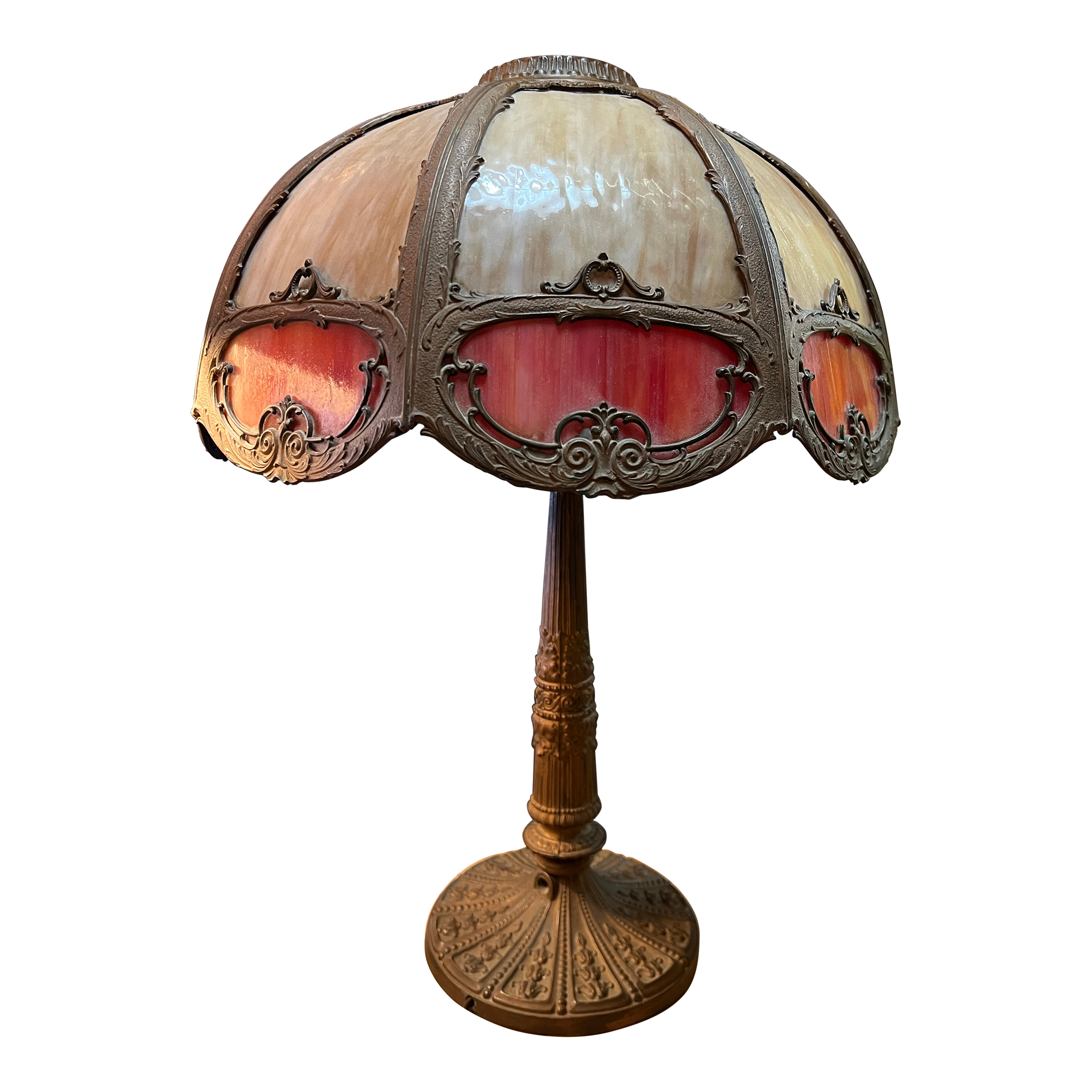 Late 1800s 8 Panel Bent Caramel and Red /Orange Slag Glass Table