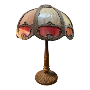 Late 1800s 8 Panel Bent Caramel and Red /Orange Slag Glass Table Lamp