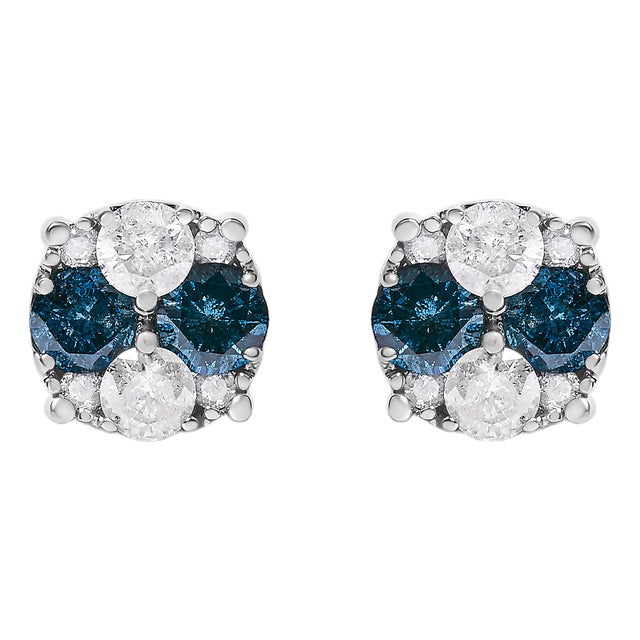 .925 Sterling Silver 2.0 Cttw Blue Diamond Composite Cluster Stud Earring For Sale