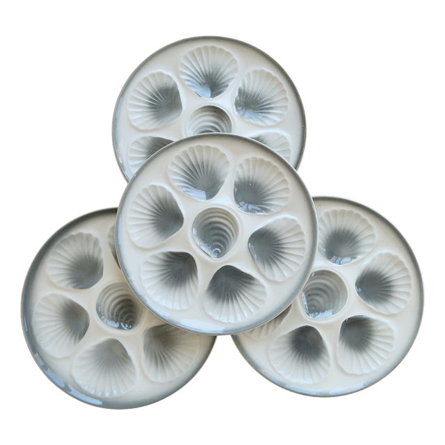 Vintage Oyster Plates in Blue-Grey Gradient Earthenware from Moulin des Loups, 1970s, Set of 4 For Sale