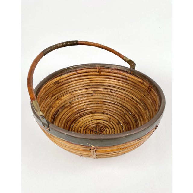 Wood Large Italian Rattan & Brass Basket, 1970s For Sale - Image 7 of 12