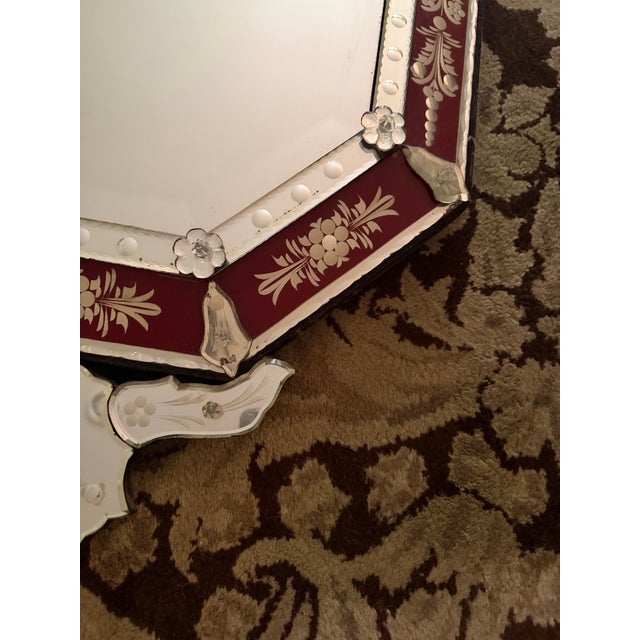 Wall Mirror Red Venetian Octagonal Etched Glass Floral Hollywood Regency For Sale In Indianapolis - Image 6 of 8
