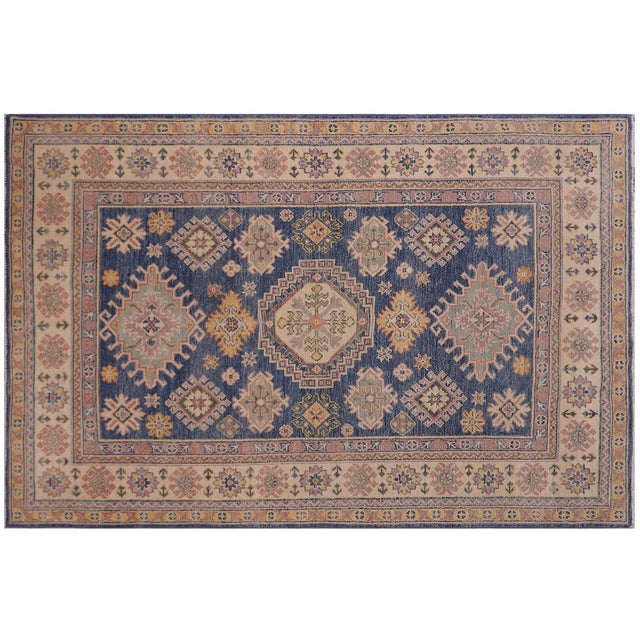 Blue Bohemian Kazak Tribal Light Blue/Beige Wool Rug - 4'0''x6'1'' For Sale - Image 8 of 10