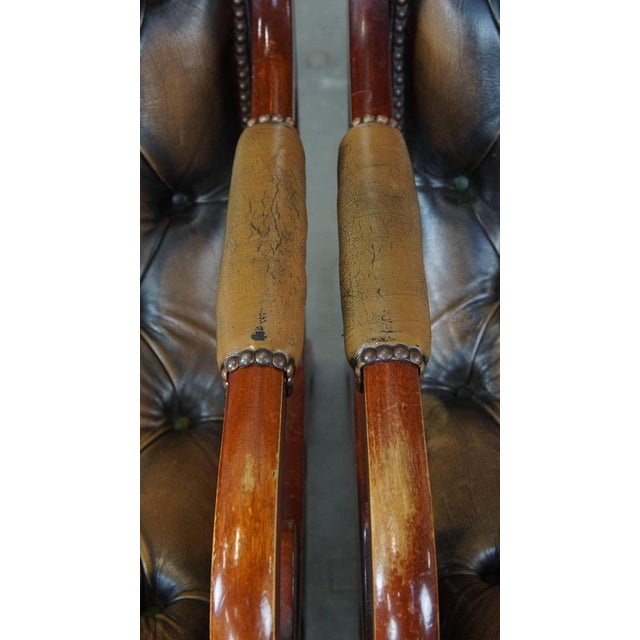 Brown Set of Set of Vintage English Chesterfield Armchairs in Green Cowhide and Wood For Sale - Image 8 of 15