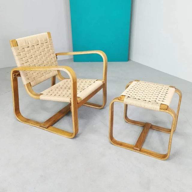 Wood Set of Rationalist Armchair and Pouf by Giuseppe Pagano for Arredi Bocconi, 1938 For Sale - Image 7 of 13
