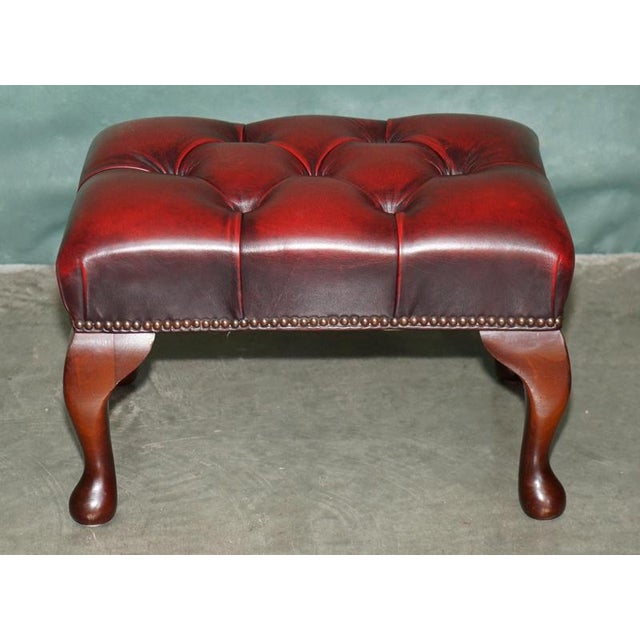 Antique Deep Buttoned Oxblood Leather and Hardwood Ottoman For Sale - Image 3 of 11