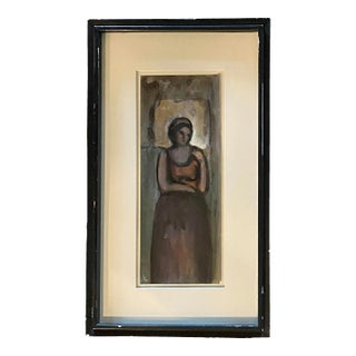 Demure Watercolor of Woman in Thoughtful Pose For Sale