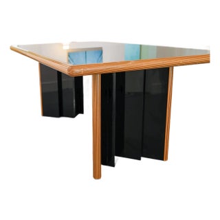 1980s Postmodern Black Lacquer Dining Table With Wooden Edges For Sale