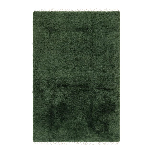 Vintage Swedish Rya Rug, Green Scandinavian Solid High Pile - Rug & Kilim For Sale