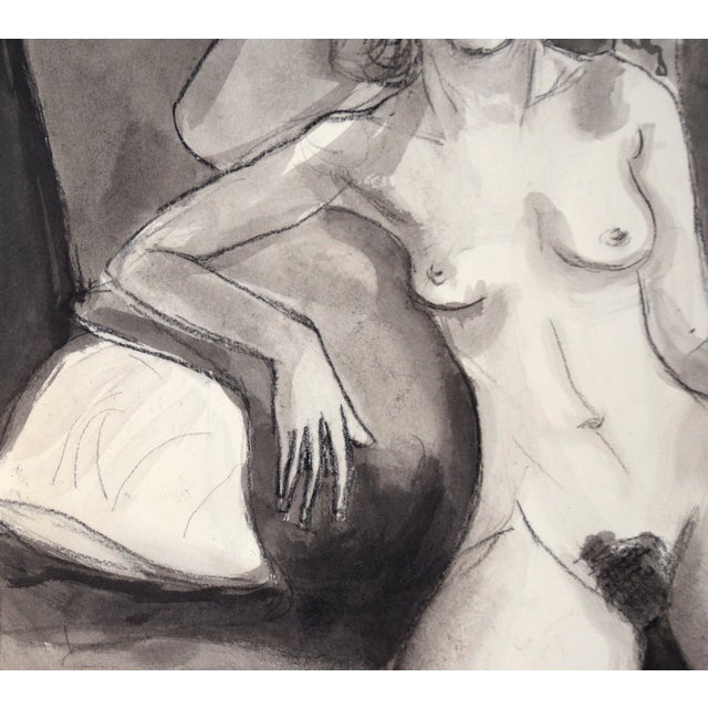 Nude Woman on Striped Chair #1 in Charcoal and Gouache on Paper by Katherine Kallick For Sale - Image 4 of 5