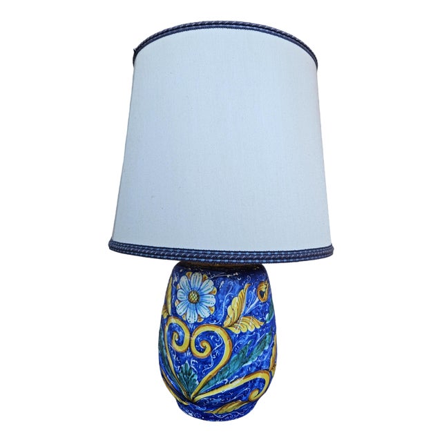 Painted Ceramic Table Lamp with Fabric Lampshade, 1970s For Sale