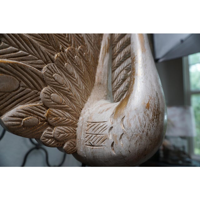 Farmhouse Vintage Hand-Carved Whitewashed Peacock Sculpture on Textured Black Base For Sale - Image 3 of 5