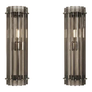 Murano Glass Wall Sconces Smoked Triedri Crystal Prisms, Column Model, Chrome Frame - a Pair For Sale