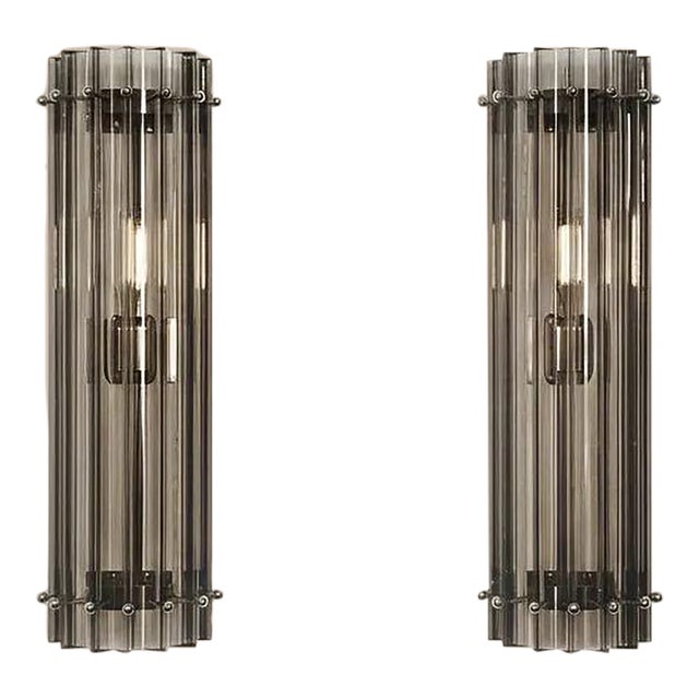 Murano Glass Wall Sconces Smoked Triedri Crystal Prisms, Column Model, Chrome Frame - a Pair For Sale