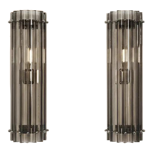 Murano Glass Wall Sconces Smoked Triedri Crystal Prisms, Column Model, Chrome Frame - a Pair