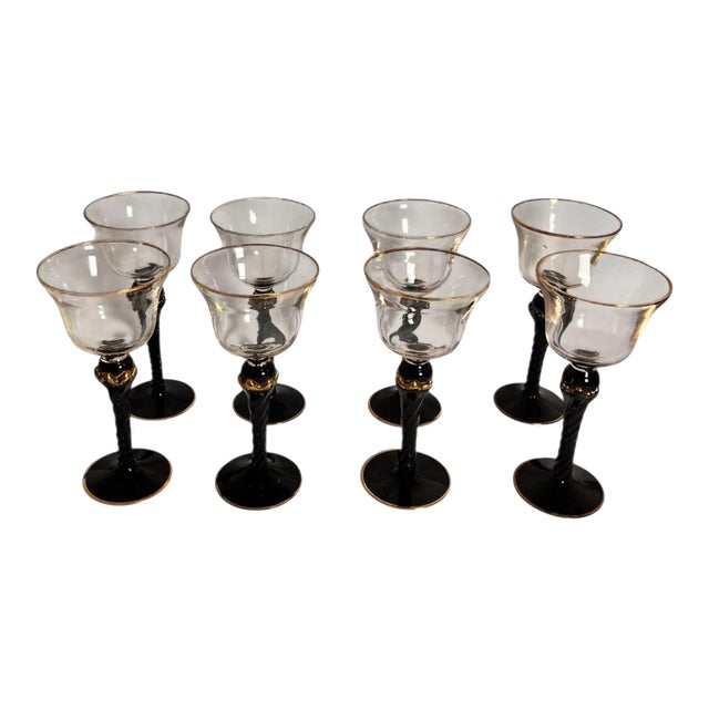 Mid 20th Century Set of 8 Art Deco Cocktail Glasses Hollywood Regency Holidays Barware Black Gold Art Nouveau For Sale