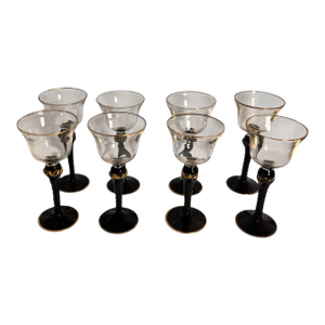Mid 20th Century Set of 8 Art Deco Cocktail Glasses Hollywood Regency Holidays Barware Black Gold Art Nouveau