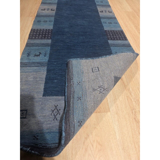 2020s 5x8 Handloomed Blue Gabbeh Tribal Geometric Modern Hand Loomed Wool Carpet Rug For Sale - Image 5 of 6