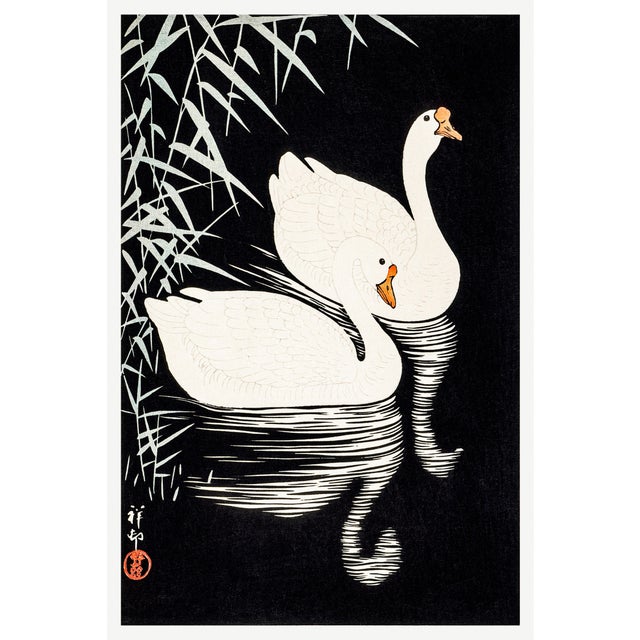 White Chinese Geese Swimming, Vintage Japanese Woodblock Print Reproduction, 40" X 60" For Sale