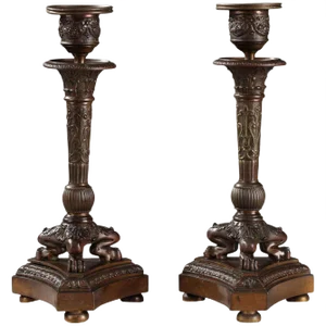 Patinated Bronze Candlesticks, Set of 2