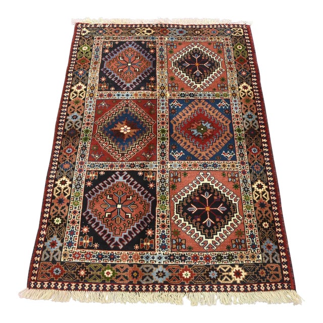Yalameh Rug 3’4” X 4’10” Multicolor Wool Vintage Tribal Hand-Knotted Carpet For Sale