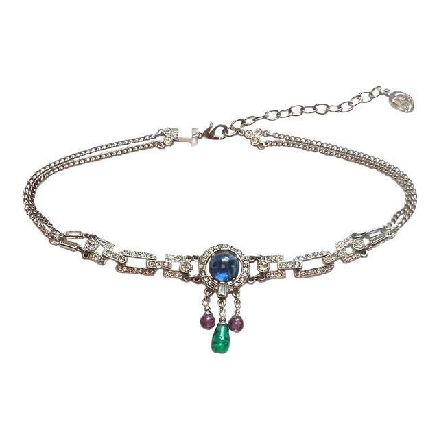 Ben Amun Silver Choker Necklace with Crystals and Purple, Blue and Green Stones For Sale