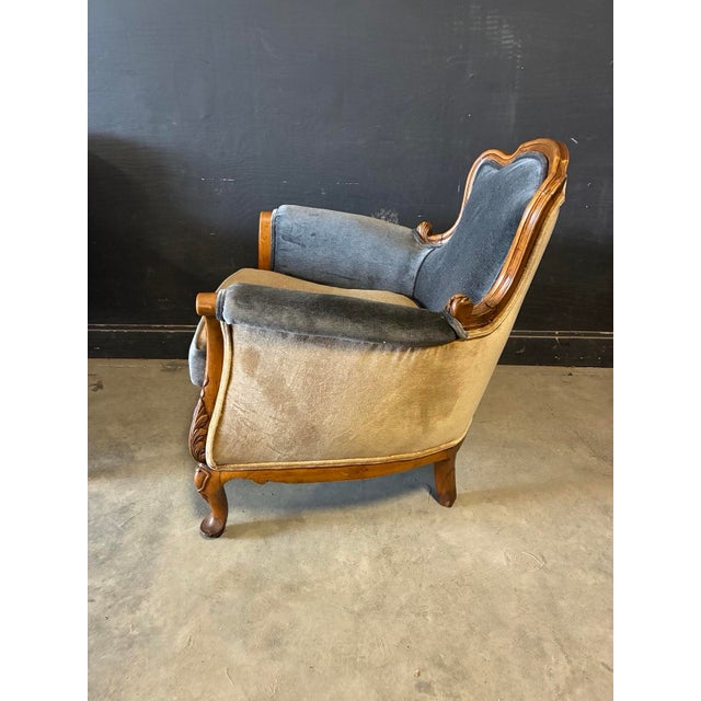 This antique French bergere sofa and chair set has been entirely reupholstered in lush new contrast gray and champagne...
