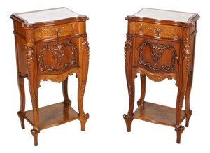 Italian Hand-Carved Walnut Bedside Tables with Marble Tops, 1940s, Set of 2