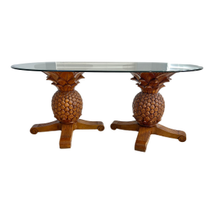 Vintage Pineapple Tommy Bahama Style Pedestal Glass Top Dining Table