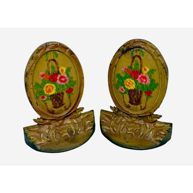 1920’s Cast Iron Bookends Handpainted Enamel Finish Oval Shape Basket Filled With Flowers Motif - A Pair For Sale - Image 12 of 12
