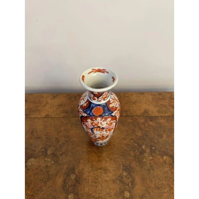 Lovely quality antique Japanese imari vase, having a quality antique Japanese imari shaped vase decorated with trees,...