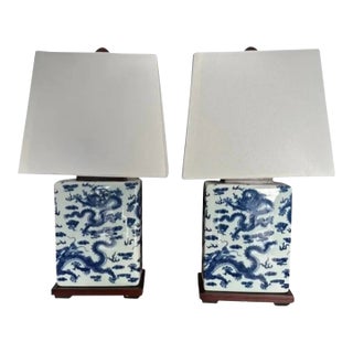 Contemporary Ralph Lauren Blue and White Petite Square Lamps With Dragon Design and Square Fabric Shades - A Pair For Sale