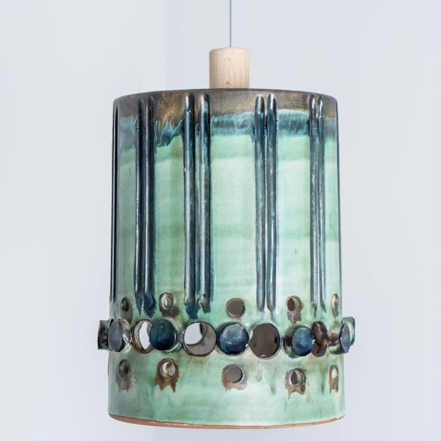 Cylinder Green Turquoise Ceramic Pendant Light, Denmark, 1970 For Sale - Image 3 of 13