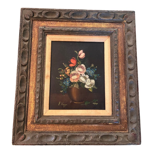 Vintage Signed R. Krueger Floral Still Life Oil Painting in Carved Wood Frame For Sale
